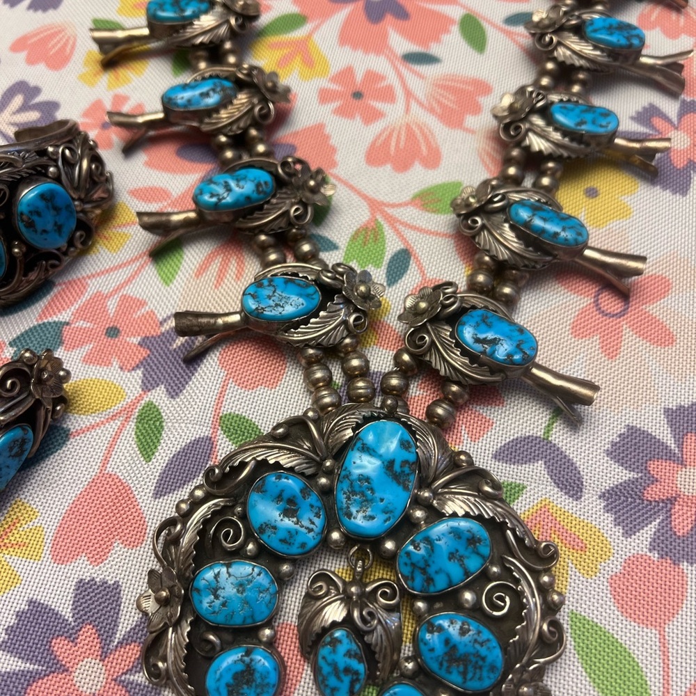 Turquoise and Sterling Silver Women's Squash blossom Necklace